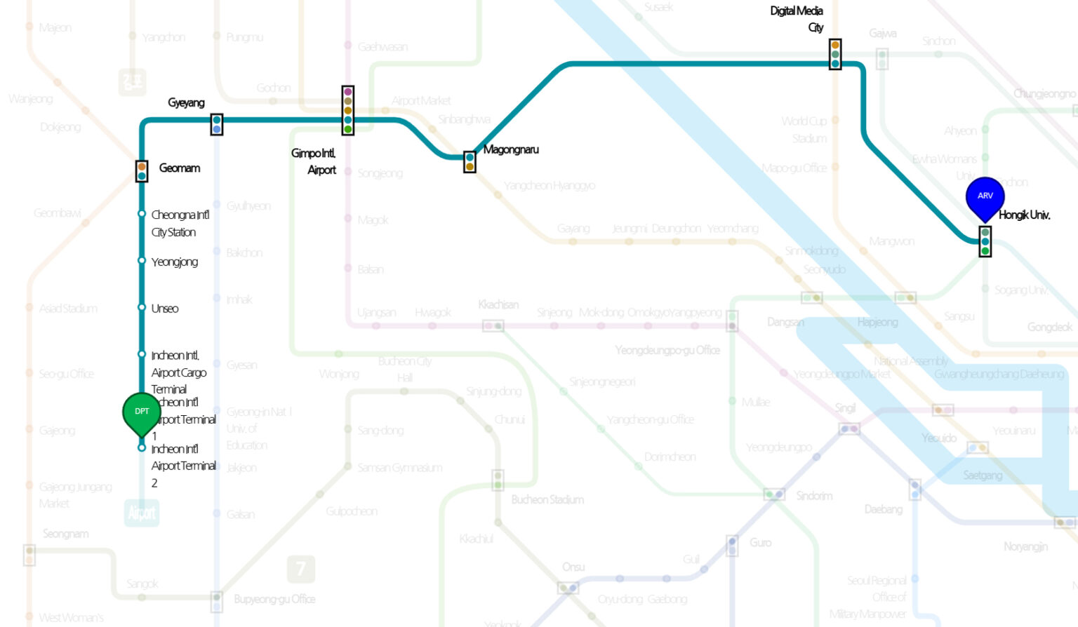 How to get from Incheon Airport to Hongik University Station by subway, Seoul Metropolitan Subway Map