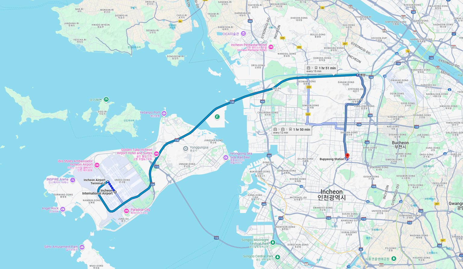How to get from Incheon Airport to Bupyeong Station by car Google Map